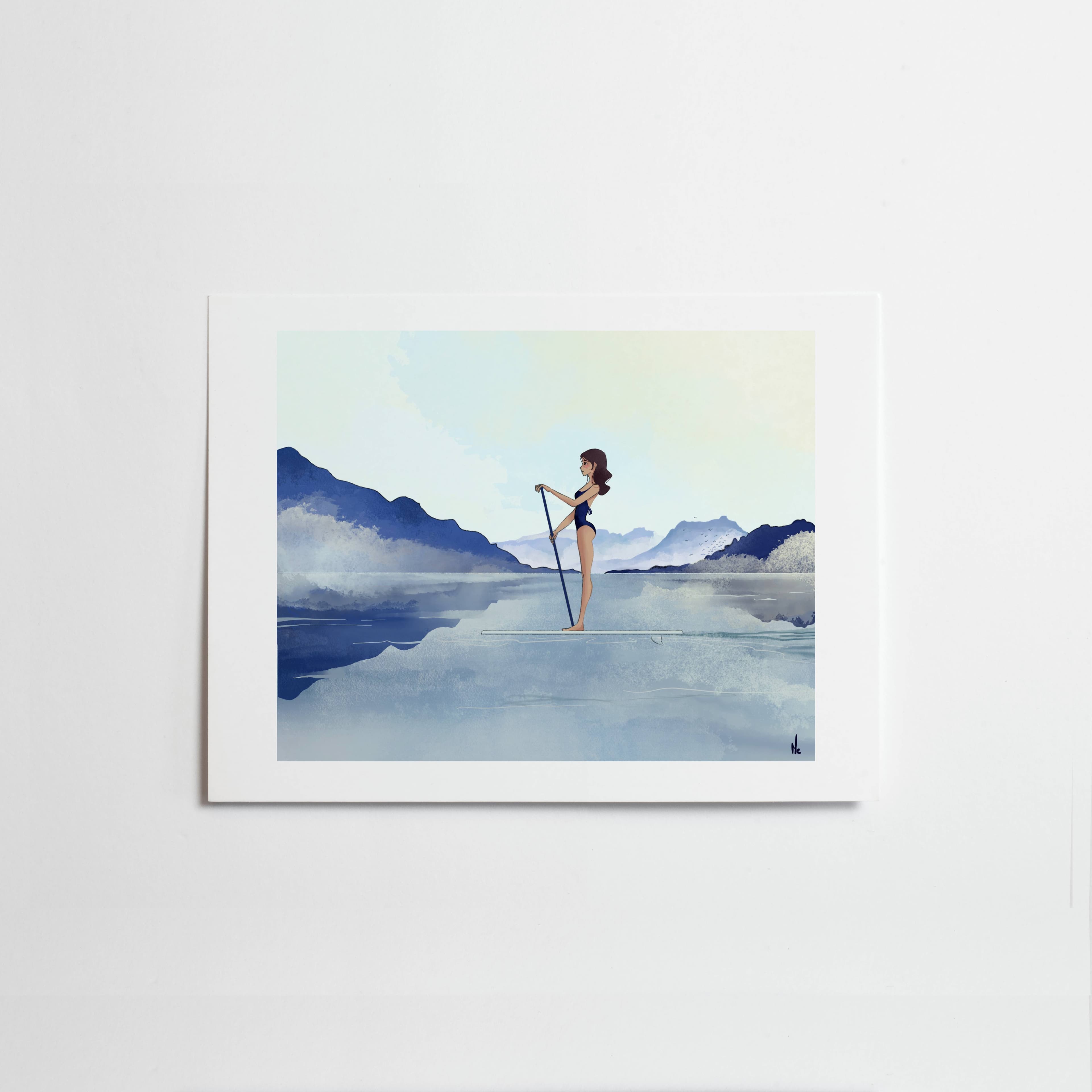 Fille Au Paddle Sur Lac — illustration de Margaux Cortier
